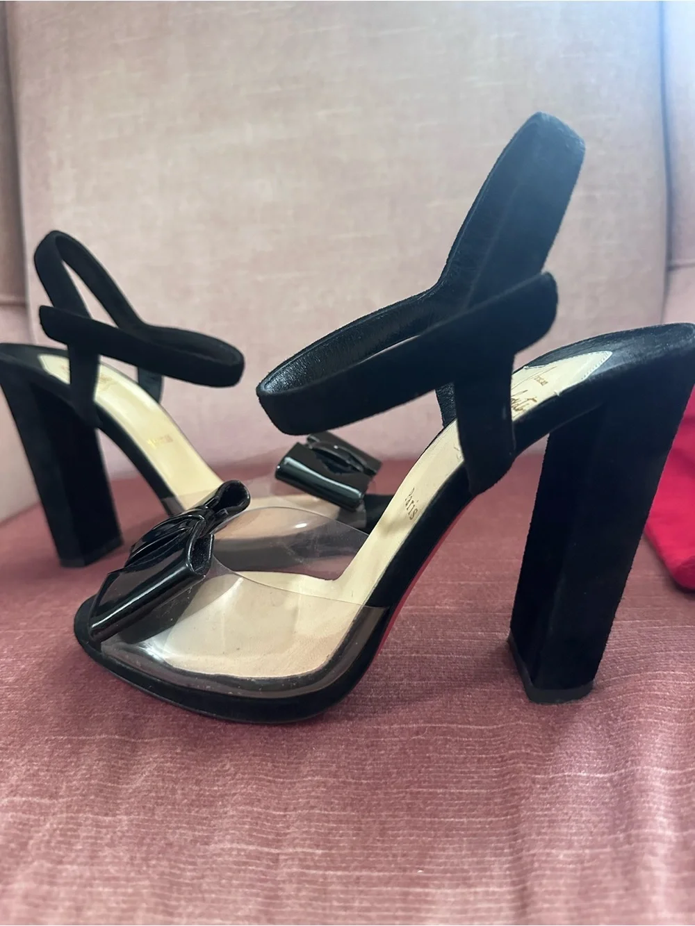 Christian Louboutin Black Patent Bow Block-Heel Sandals with Suede and PVC Vamp